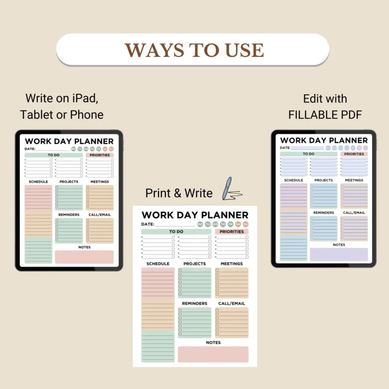 Work Day Planner use in Goodnotes, fill digitally, or print and write