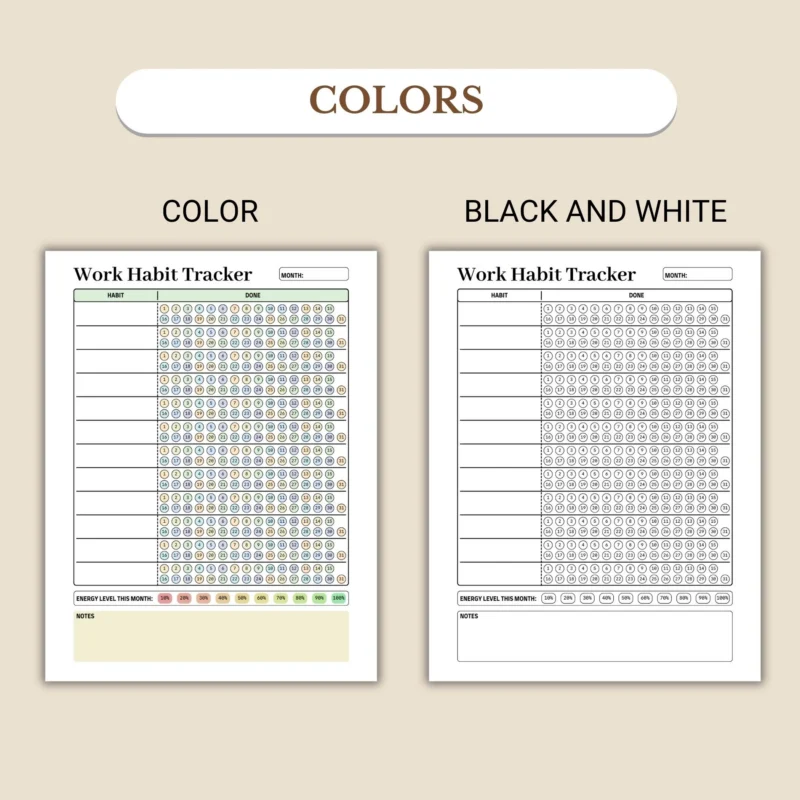 Work Habit Tracker available in colorful and ink-friendly black-and-white