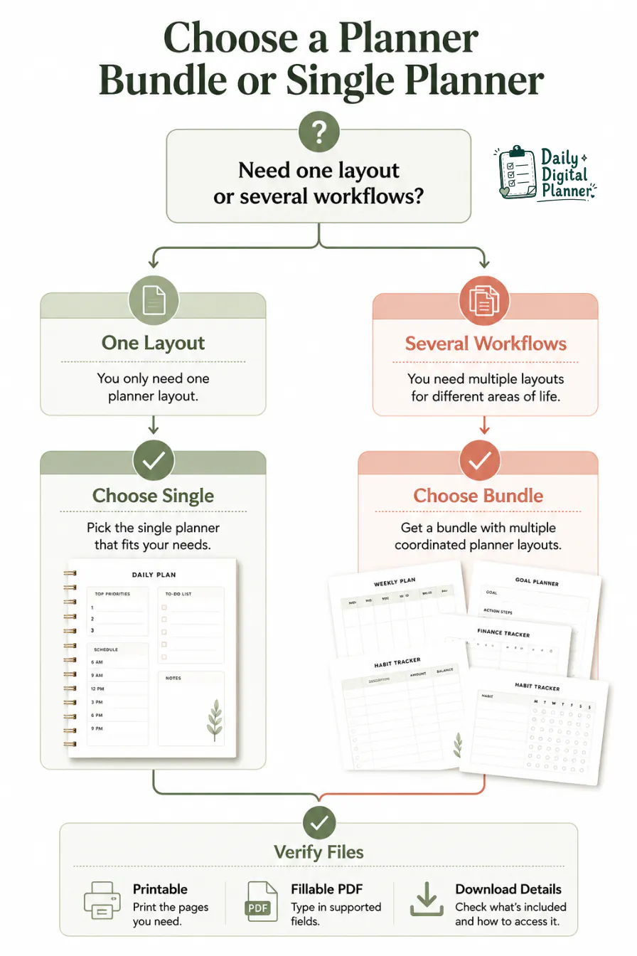 A decision tree for choosing a planner bundle or single planner based on one workflow, several workflows, and file details.