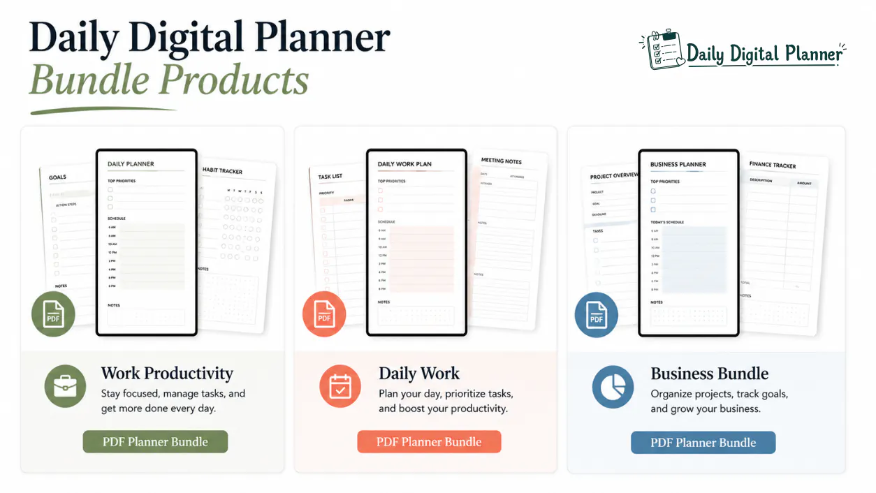 Daily Digital Planner bundle product examples for work productivity, daily work, and business planning.