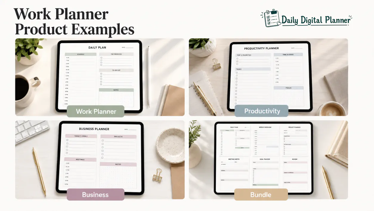 Daily Digital Planner product grid with work planner, productivity planner, business planner, and planner bundle examples.