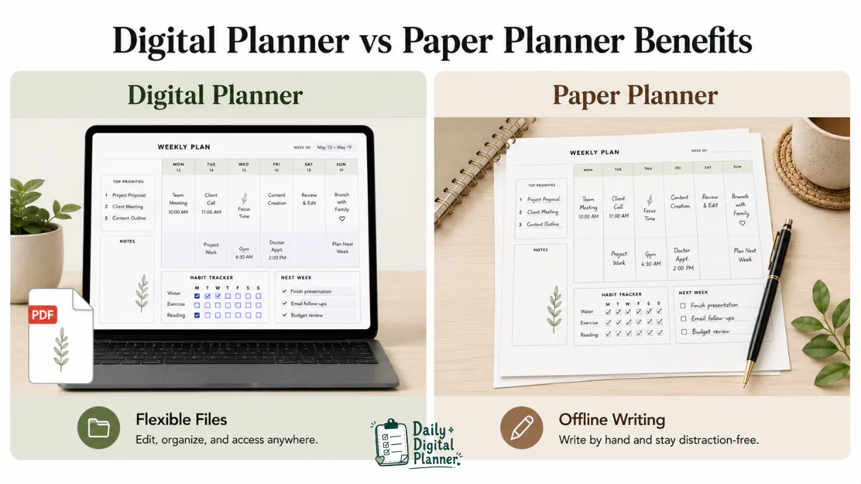 A checklist for choosing a digital planner by file type, print support, fillable fields, daily use, and bundle need.