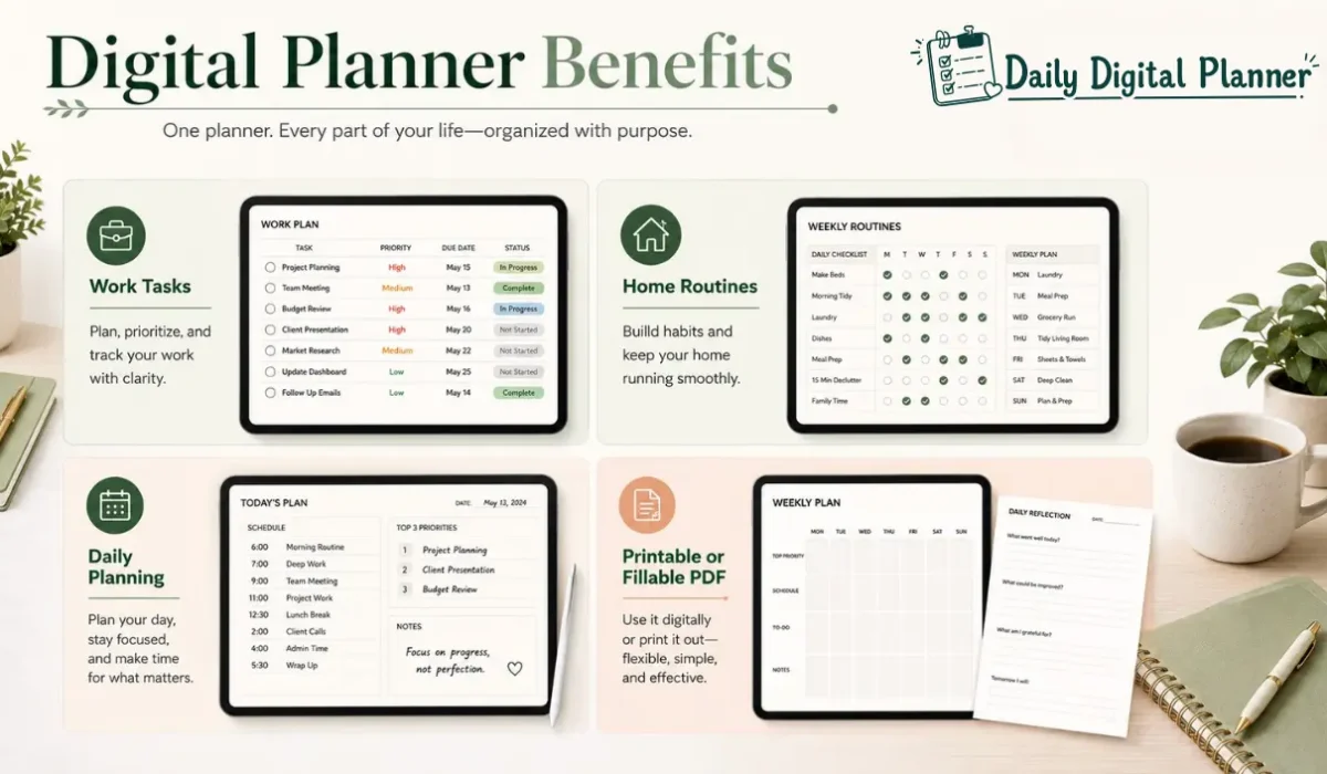 A digital planner benefits matrix showing work tasks, home routines, daily planning, and printable or fillable PDF use.