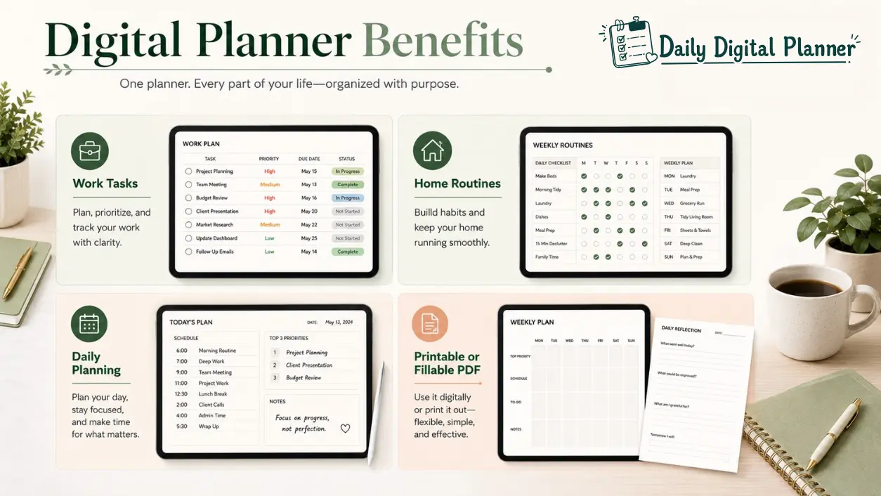 A digital planner benefits matrix showing work tasks, home routines, daily planning, and printable or fillable PDF use.