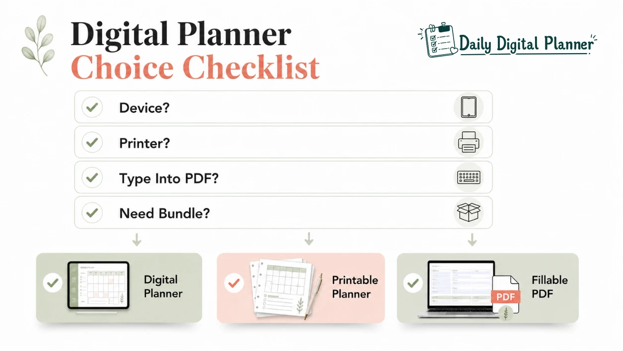A checklist helping buyers choose a printable, fillable, or digital planner PDF.