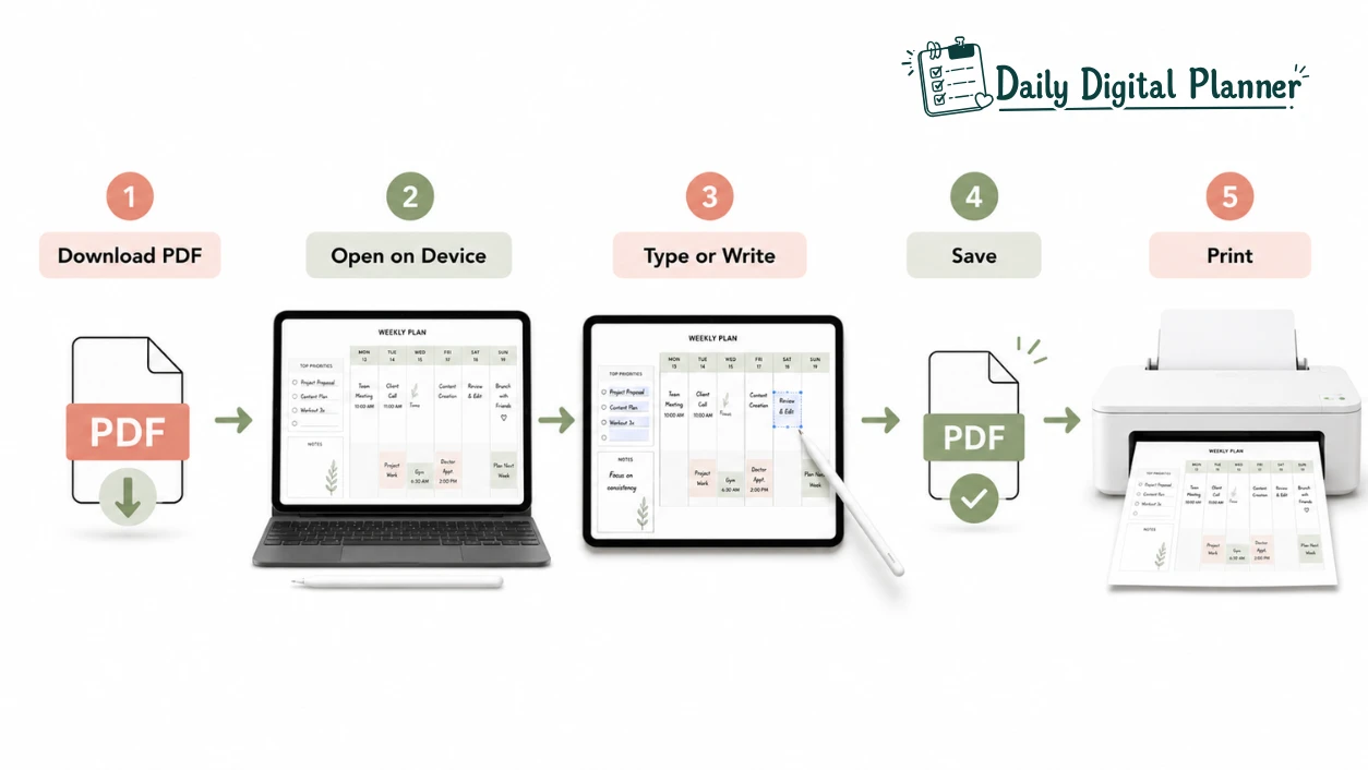 A digital planner workflow showing download, open, fill, save, and print steps.