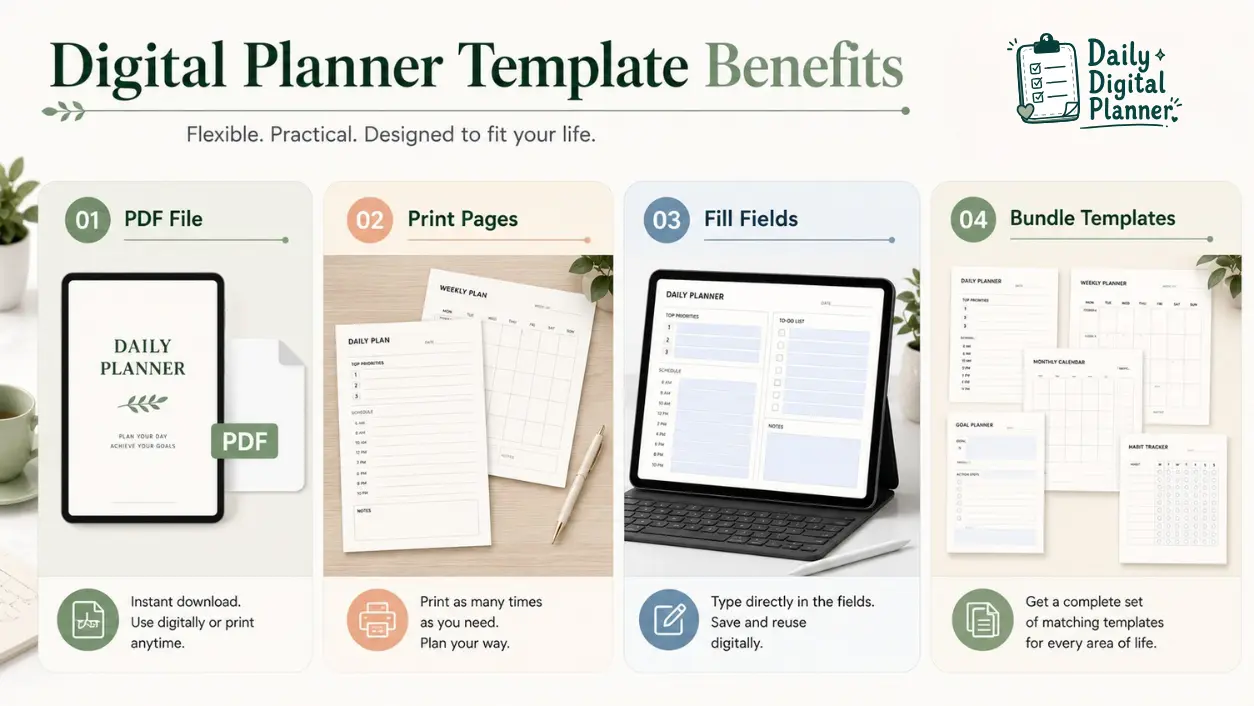 A comparison of digital planner PDF, printable planner pages, fillable fields, and planner bundles.