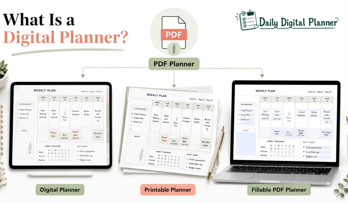 A digital planner PDF shown on a tablet beside printable planner pages and a fillable PDF layout.