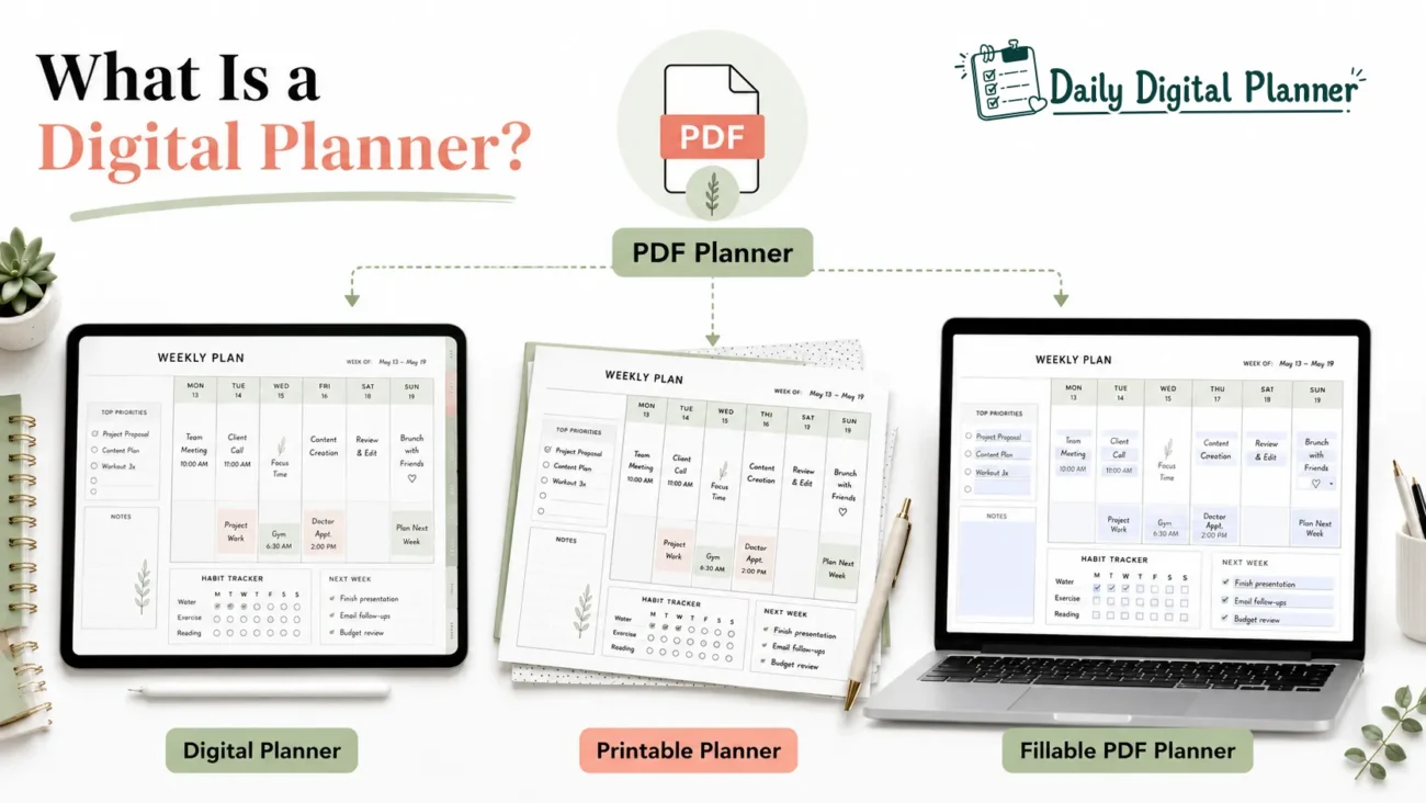 A digital planner PDF shown on a tablet beside printable planner pages and a fillable PDF layout.