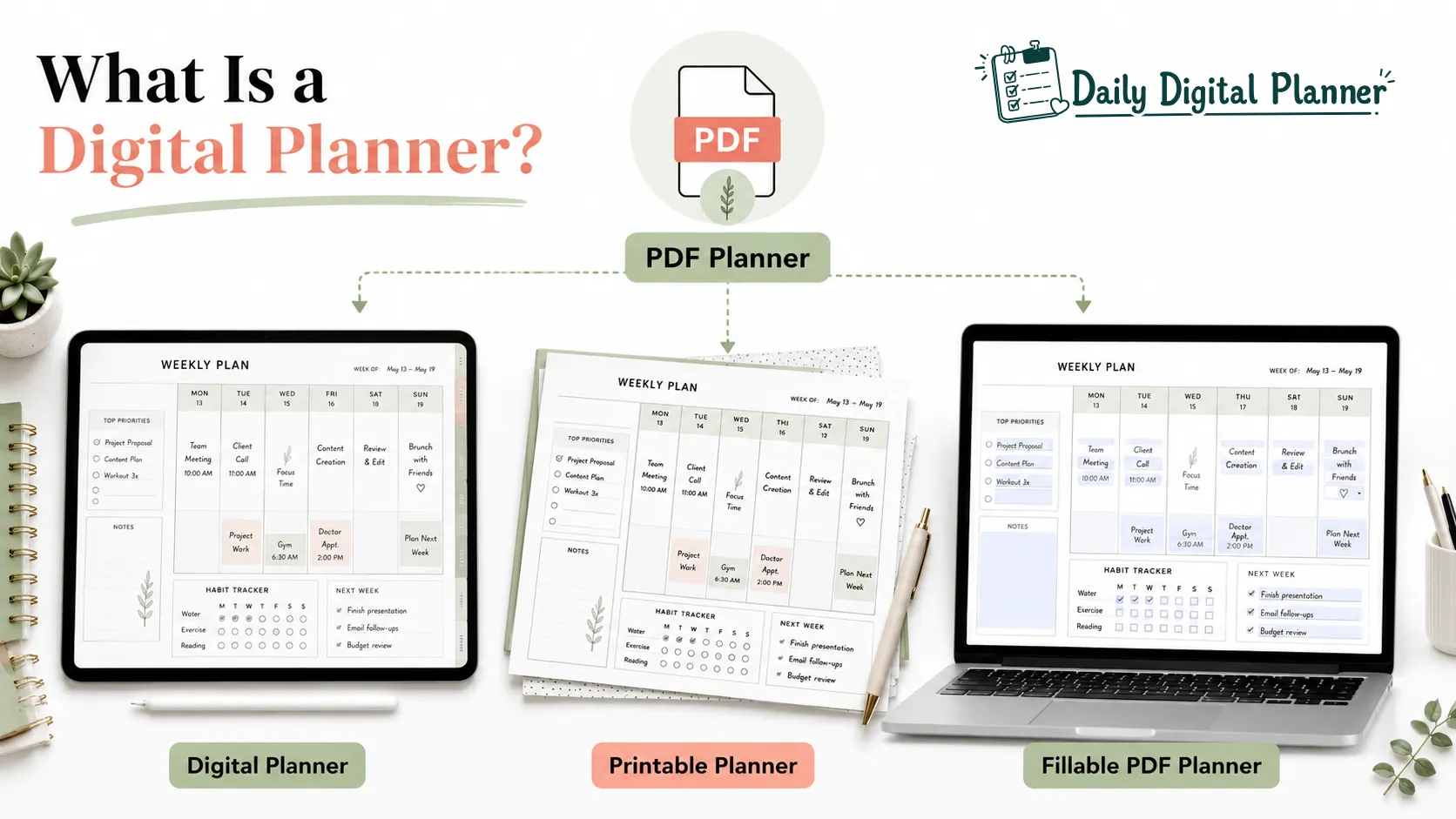 A digital planner PDF shown on a tablet beside printable planner pages and a fillable PDF layout.