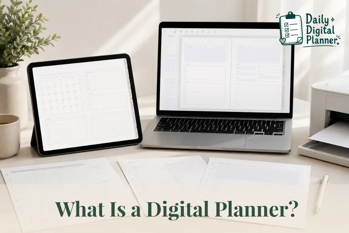A digital planner PDF shown on a tablet beside printable planner pages and a fillable PDF layout.