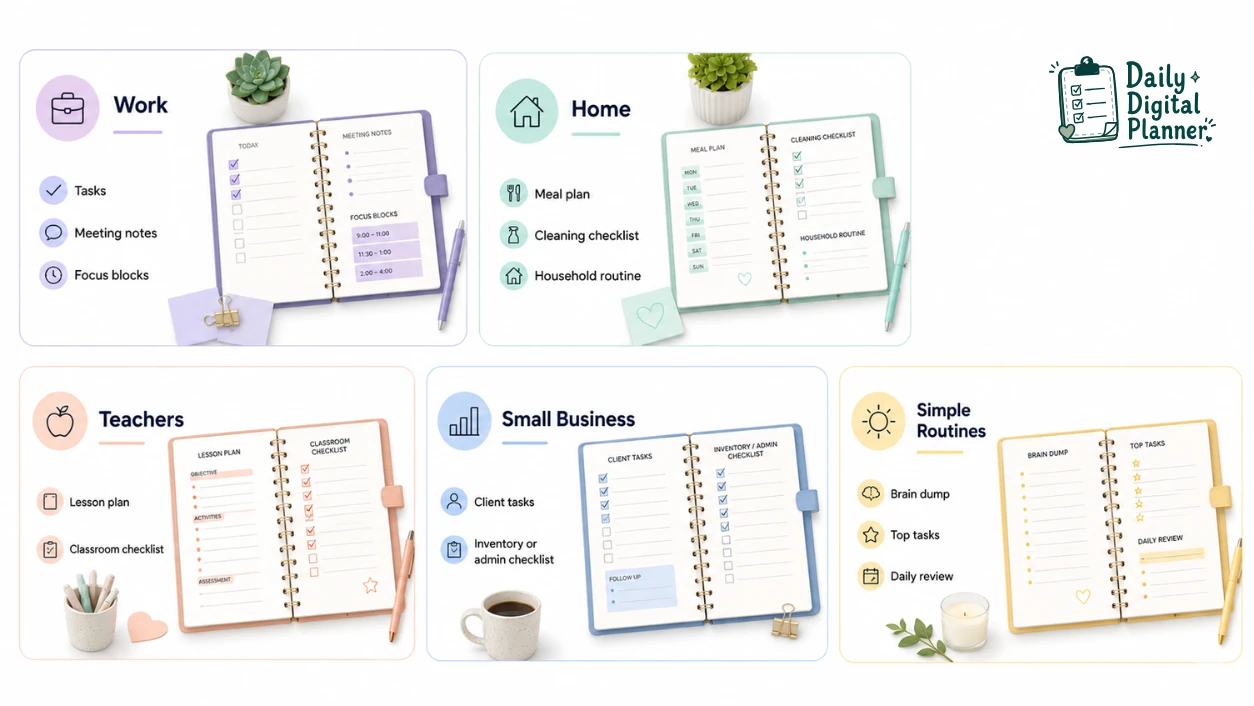 Digital planner use cases for work, home, teachers, small business, and simple routines.