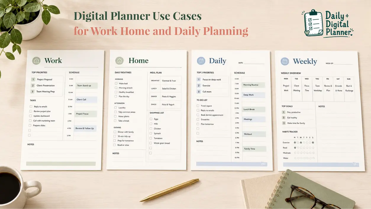 Digital planner use cases for work priorities, home routines, and daily schedules.