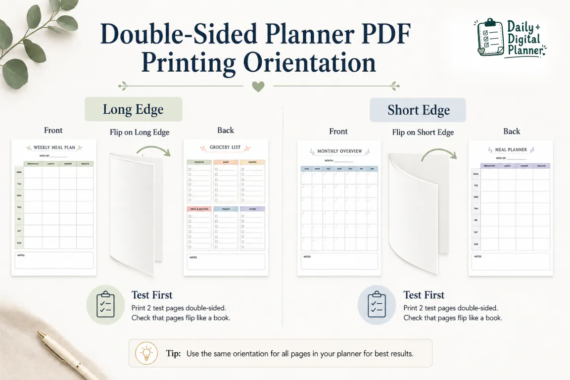 Diagram showing long-edge and short-edge duplex options for printable planner pages.