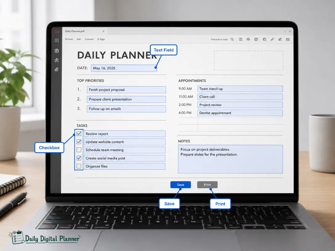 Annotated fillable PDF planner fields showing text boxes, checkboxes, and saved typed entries.