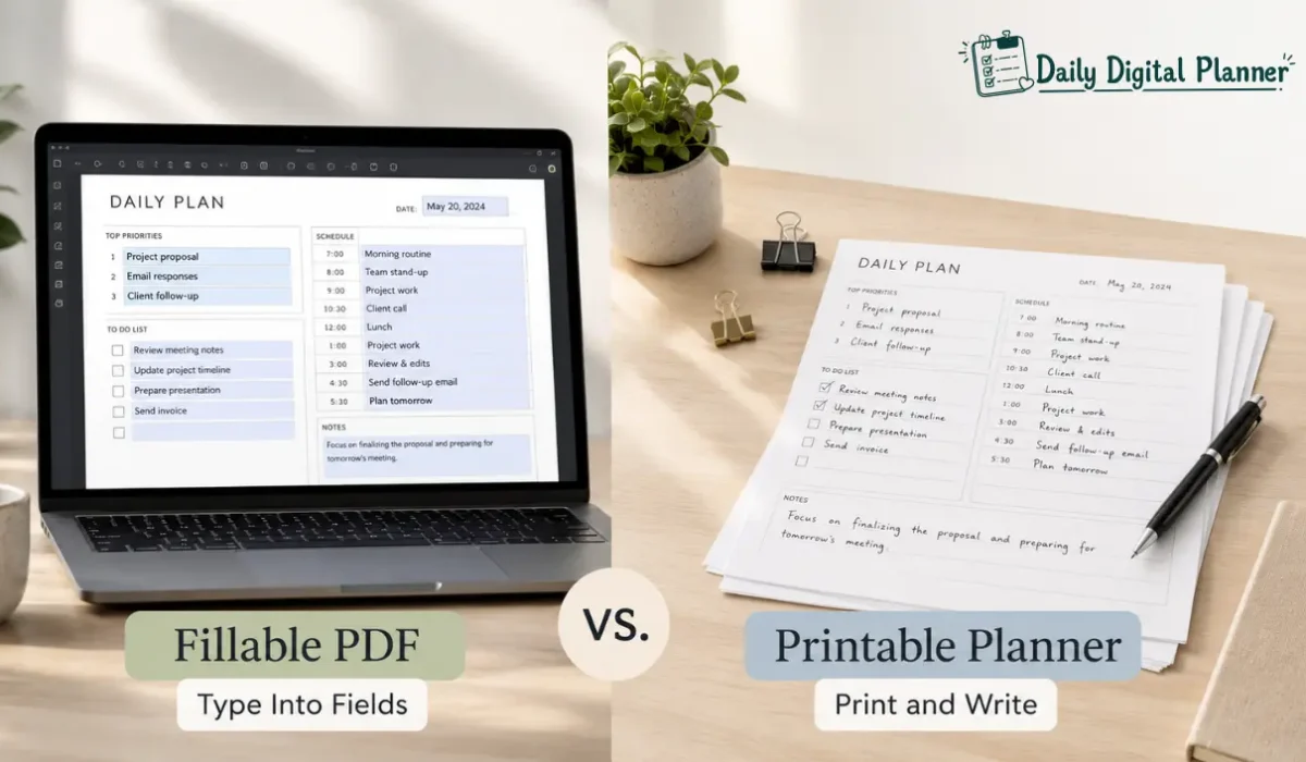 A fillable PDF planner on a laptop beside printed planner pages with pen and binder.