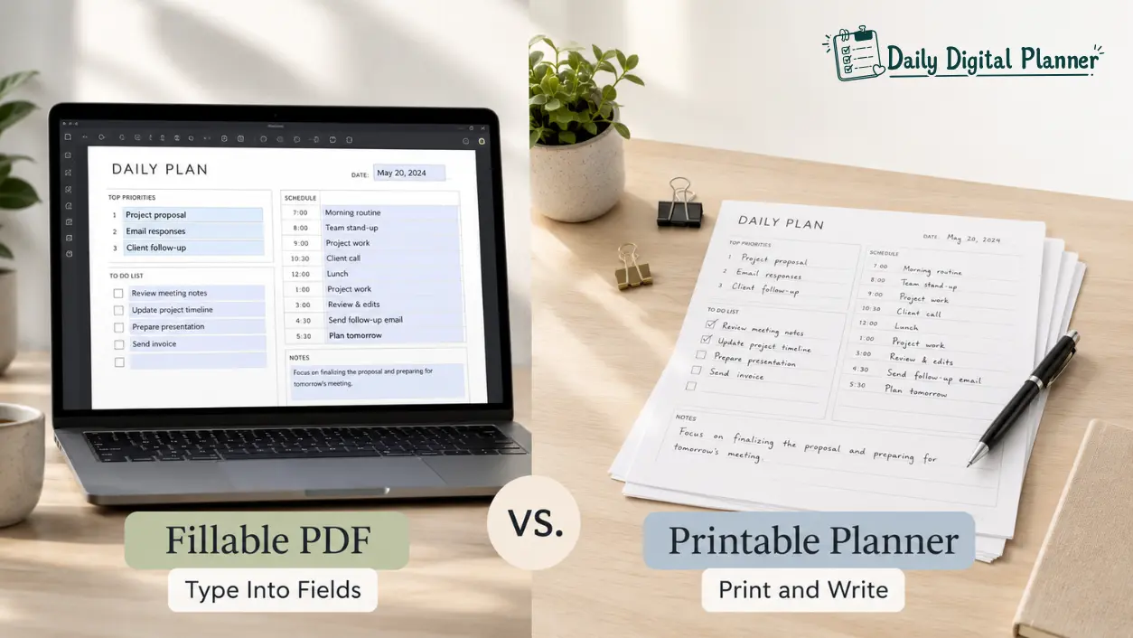 A fillable PDF planner on a laptop beside printed planner pages with pen and binder.
