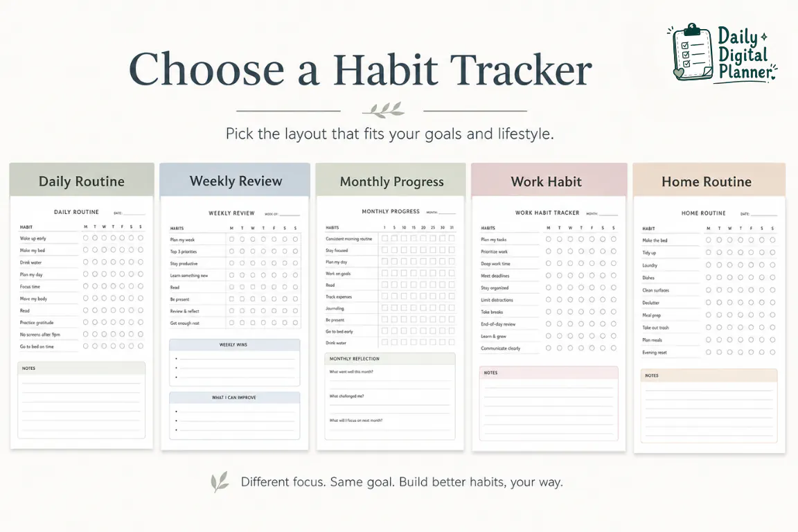 Habit tracker planner matrix comparing daily, weekly, monthly, work, and home routine trackers.