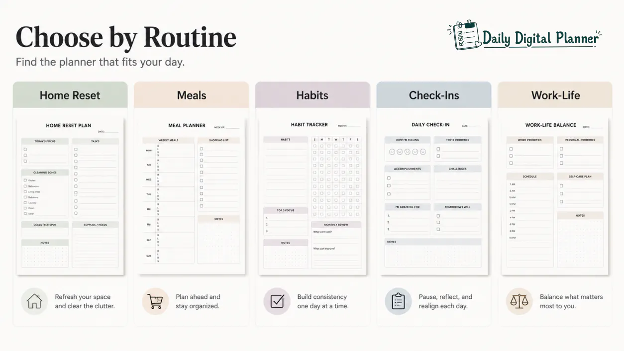 Home and life planner matrix showing routines, meals, habits, wellness check-ins, and work-life balance.