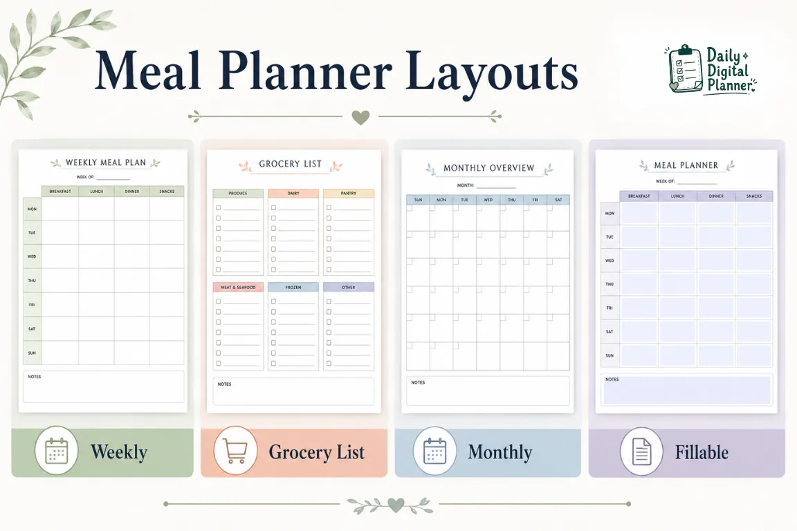A comparison diagram showing weekly meal planner, grocery list planner, monthly planner, and fillable PDF options.