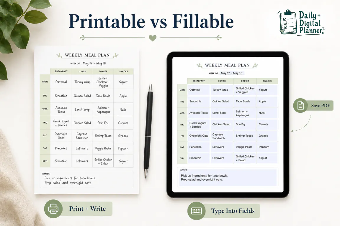 A side-by-side comparison of a handwritten printable meal planner and a typed fillable PDF meal planner.