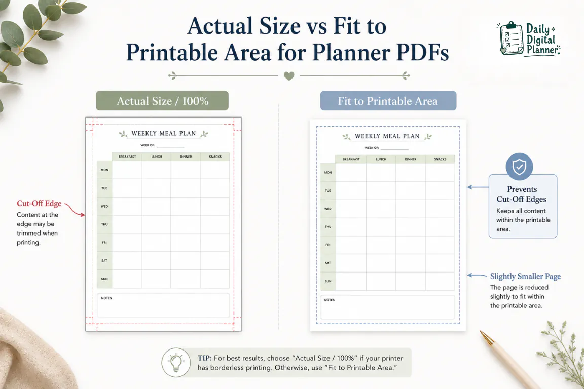 Side-by-side planner PDF print previews comparing actual size and fit to printable area.