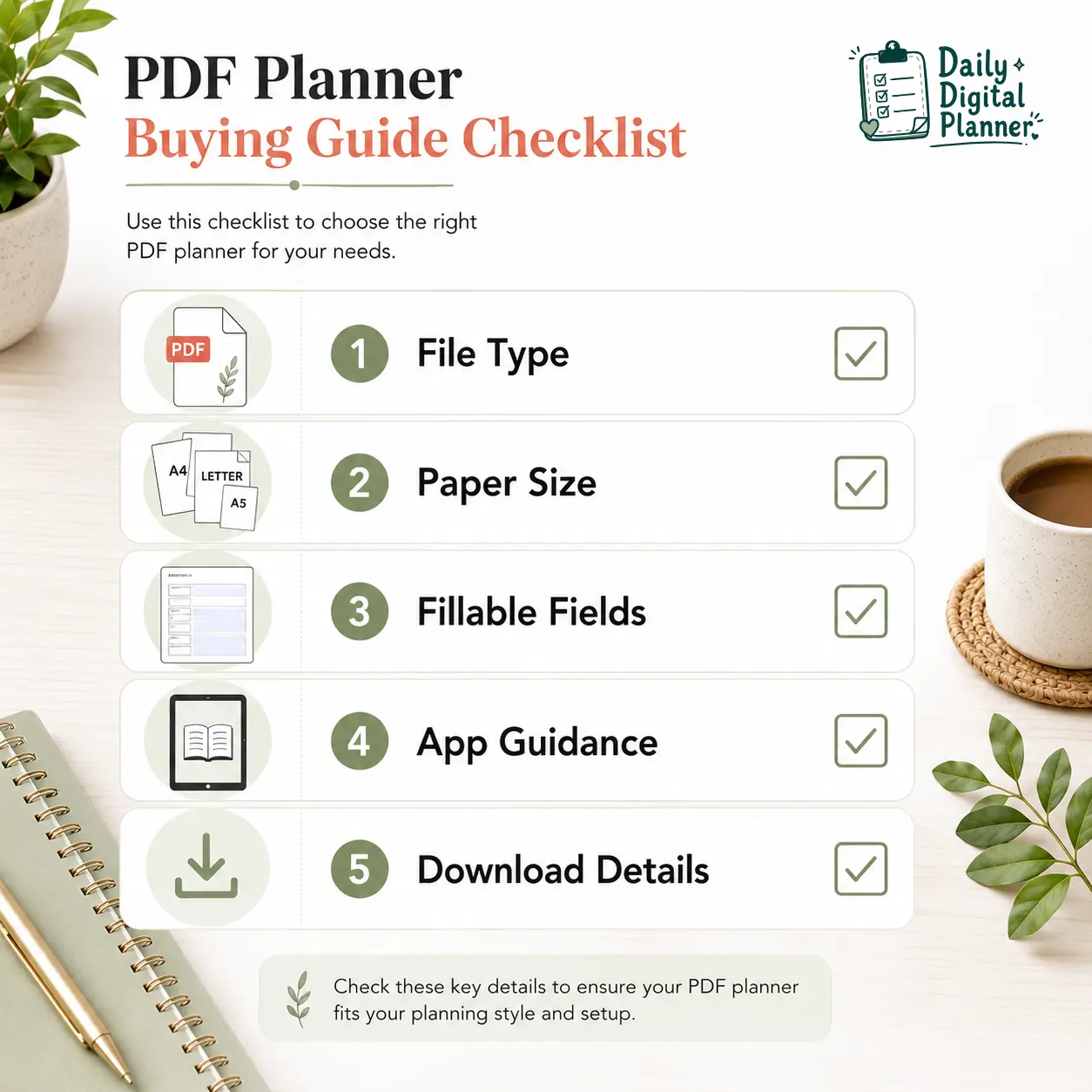 A checklist for buying a PDF planner, including file type, print size, fillable fields, app guidance, and download details.