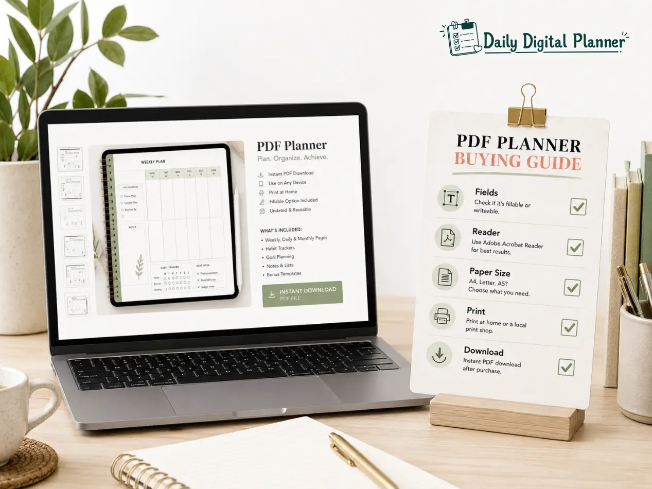 Checklist for fillable fields, paper size, PDF reader, print settings, and digital download terms.
