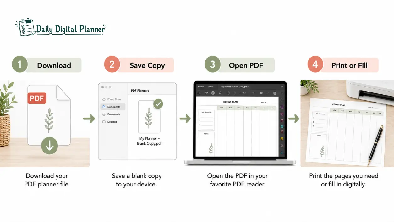 A step-by-step workflow showing a PDF planner download, saved blank copy, PDF reader, and printed page.