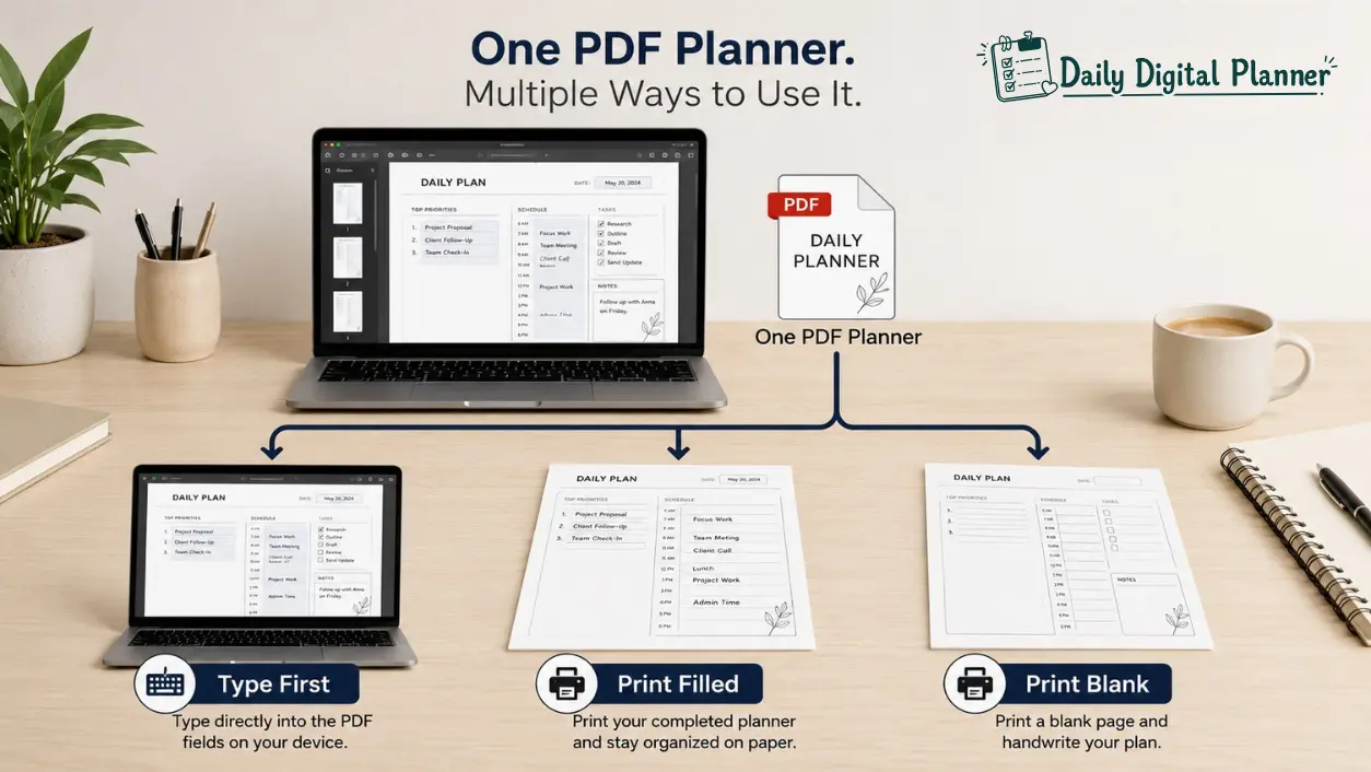 Diagram showing a PDF planner used as a fillable file and as printed planner pages.