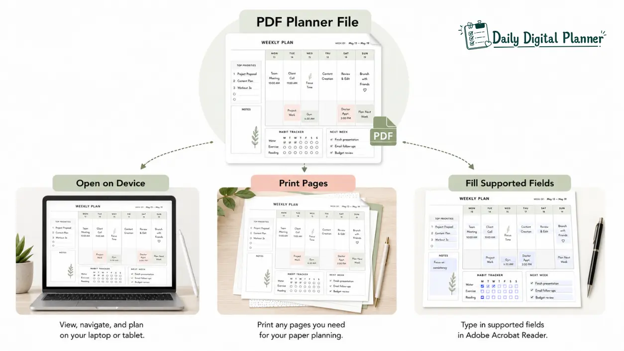 A PDF planner file shown between a tablet screen, printed planner pages, and fillable text fields.