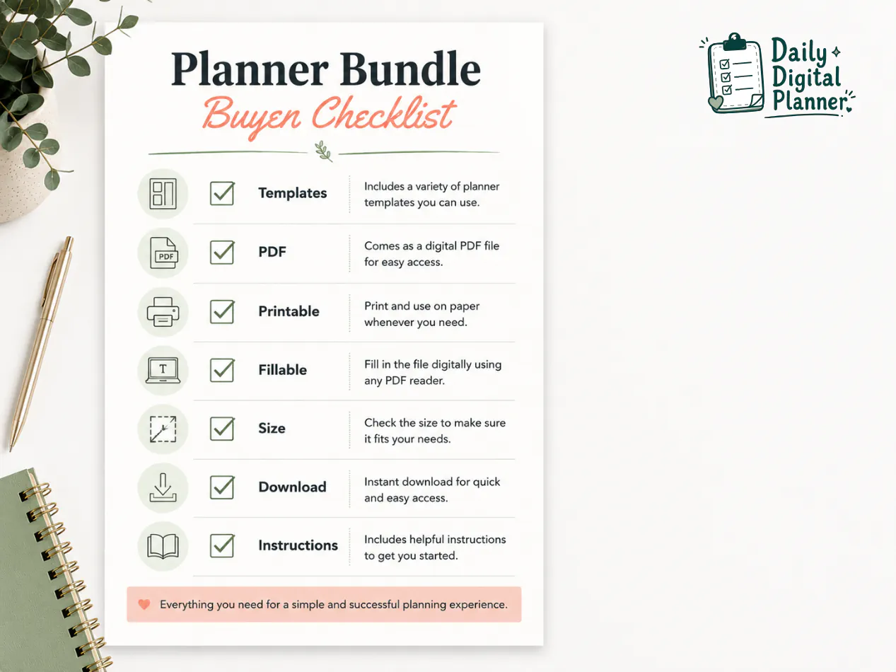 Checklist for verifying planner bundle templates, PDF format, printable support, fillable fields, page size, downloads, and instructions.