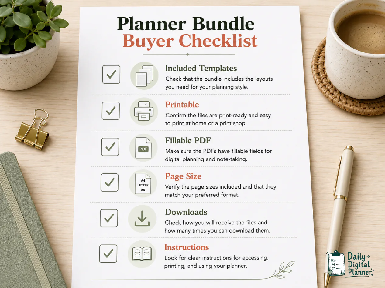 A buyer checklist for planner bundles with included templates, printable format, fillable PDF support, page size, downloads, and instructions.