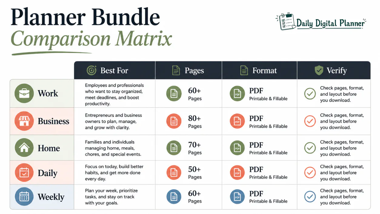 A planner bundle comparison matrix showing best fit, page types, format checks, and buyer notes.
