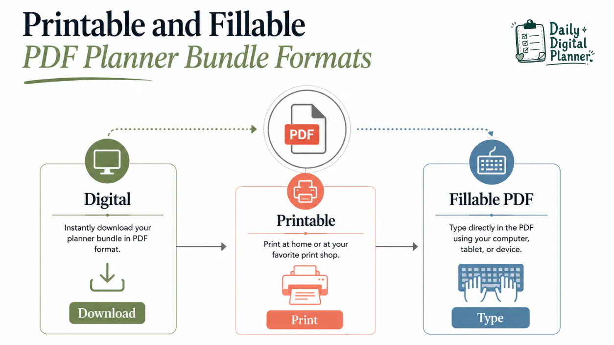 A diagram comparing digital planner bundle, printable planner bundle, and fillable PDF planner bundle formats.