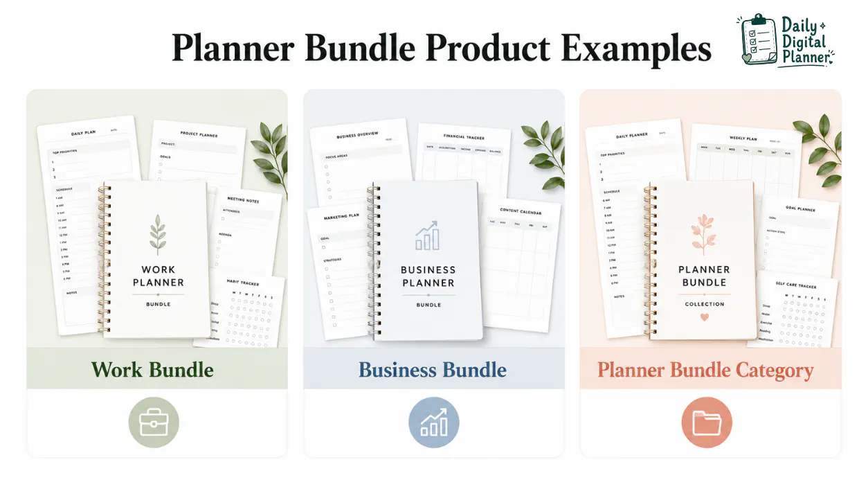 Planner bundle product examples for work productivity, business planning, and printable or fillable PDF templates.