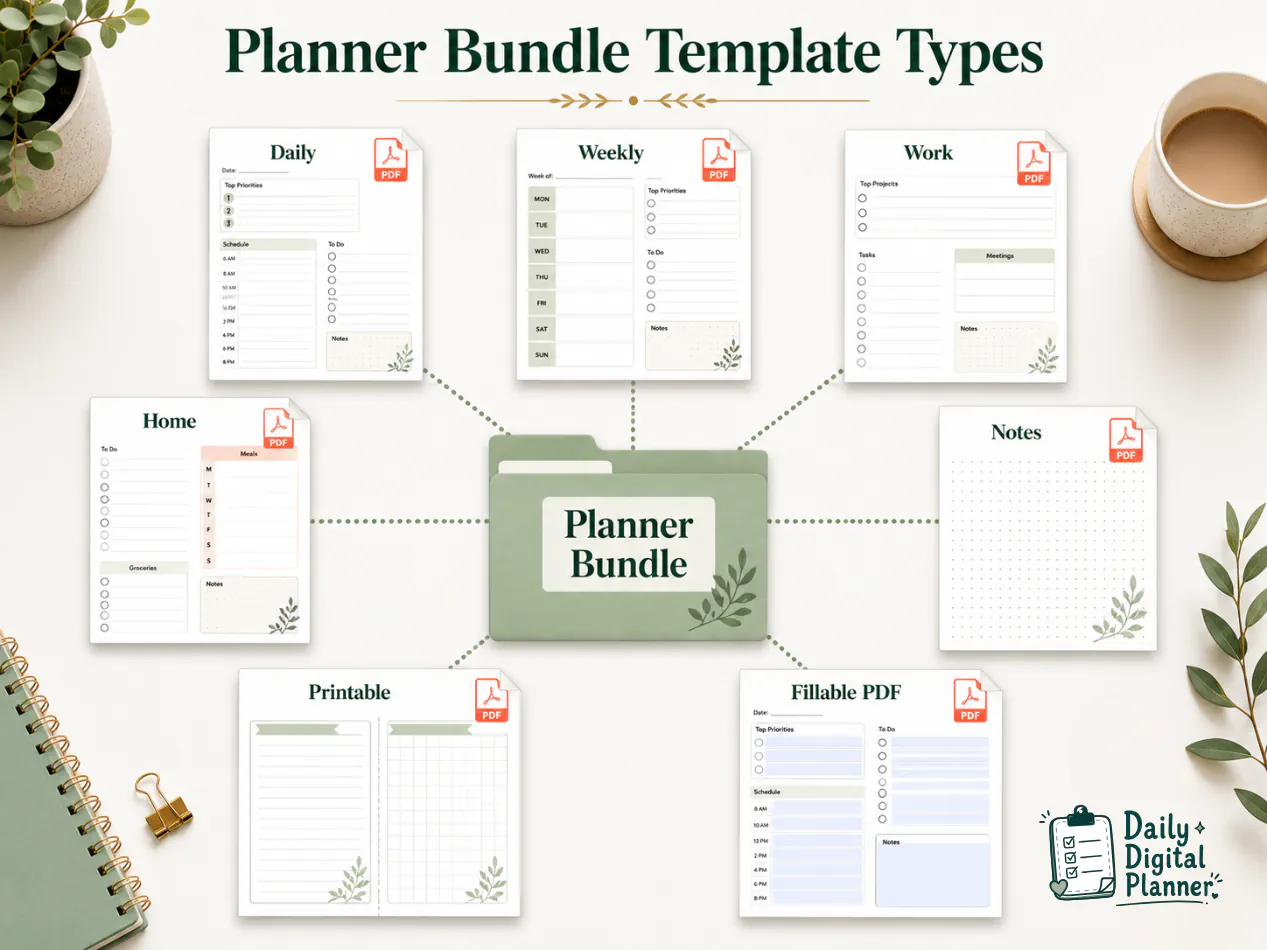 A planner bundle diagram showing daily, weekly, work, home, notes, printable, and fillable PDF template types.