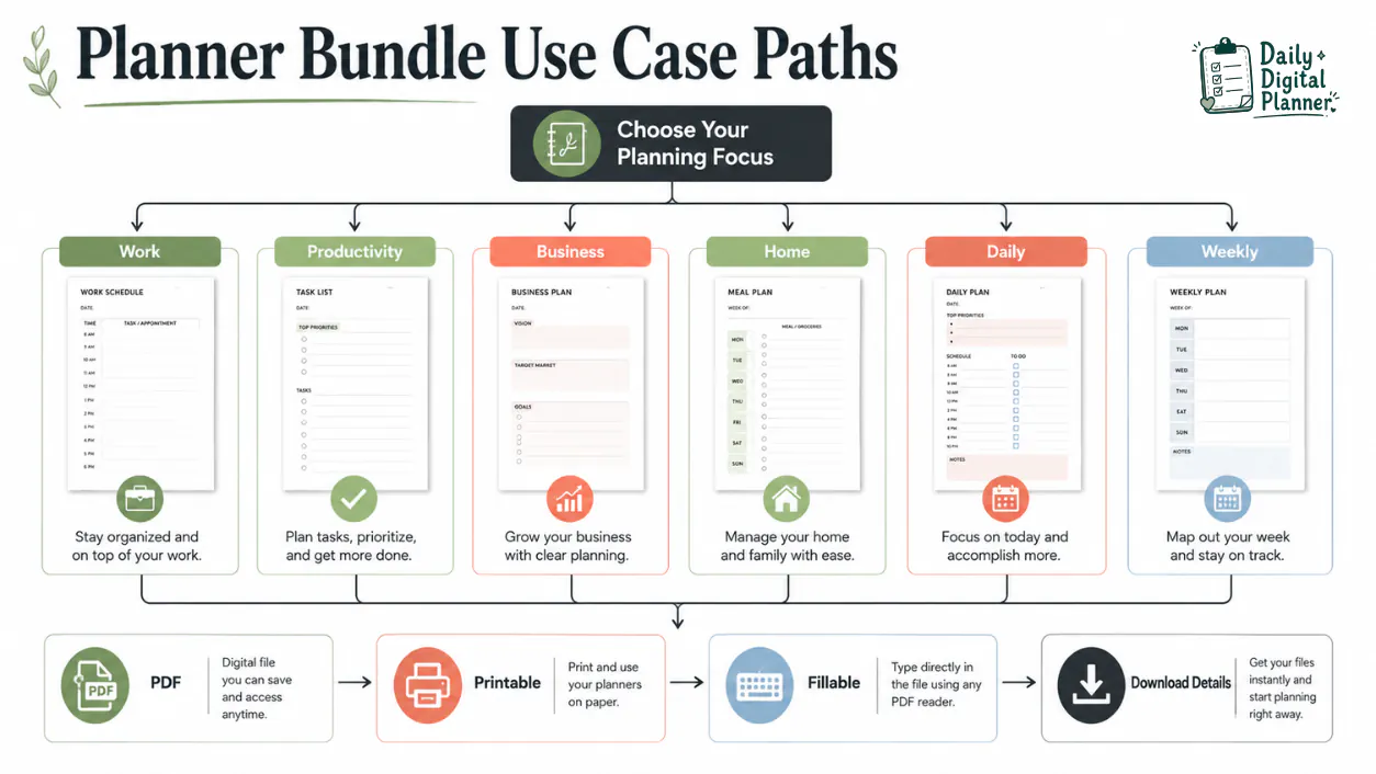 Use-case paths for work, productivity, business, home, daily, and weekly planner bundles.