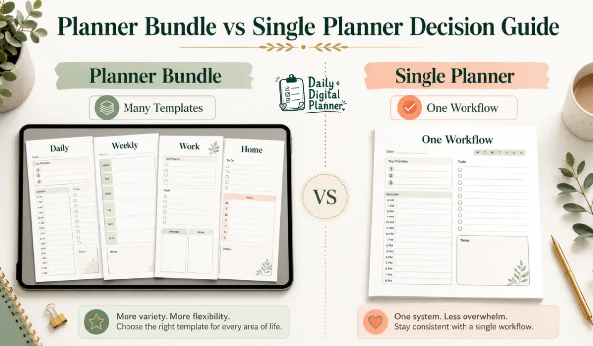 A planner bundle and a single planner compared by template variety, workflow scope, and PDF planning needs.