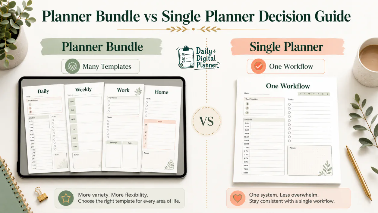A planner bundle and a single planner compared by template variety, workflow scope, and PDF planning needs.