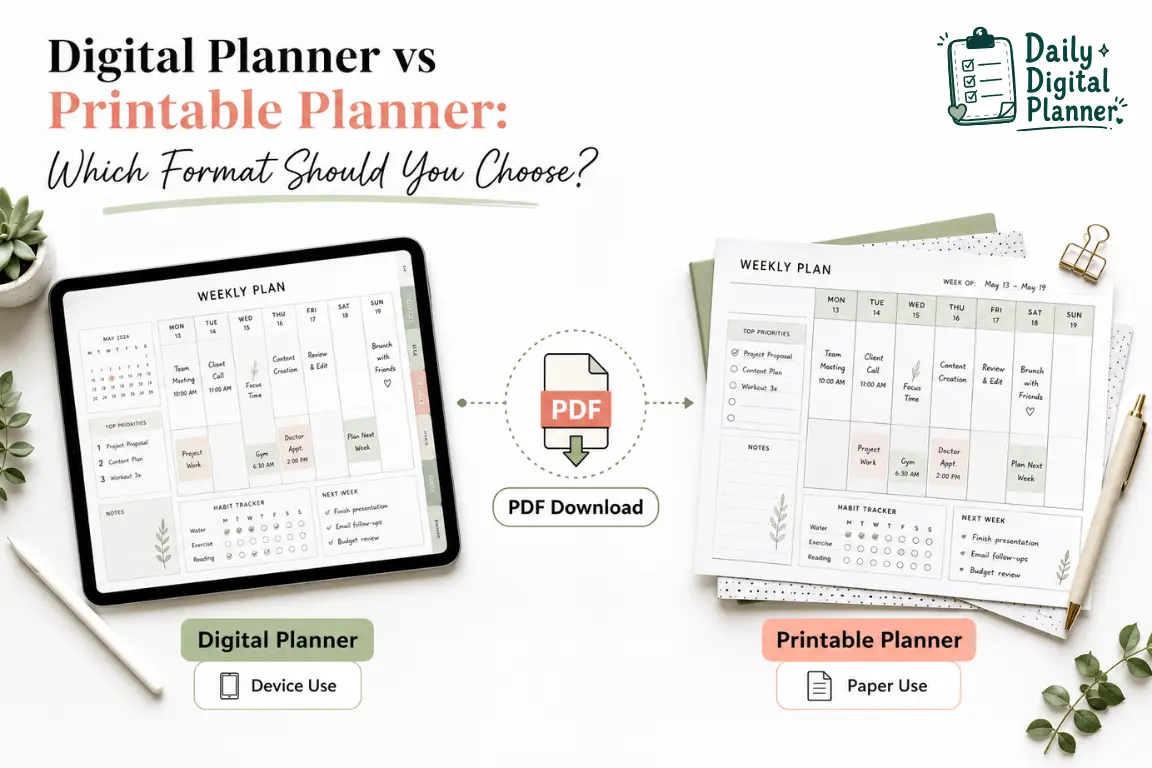 Digital and printable planner formats compared with tablet and paper examples.