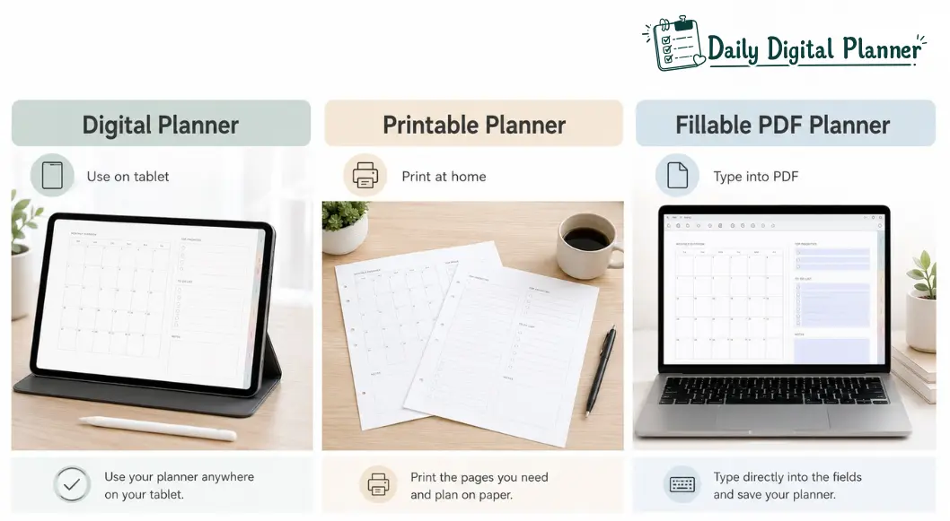 Digital, printable, and fillable PDF planner formats compared with tablet, paper, and laptop examples.