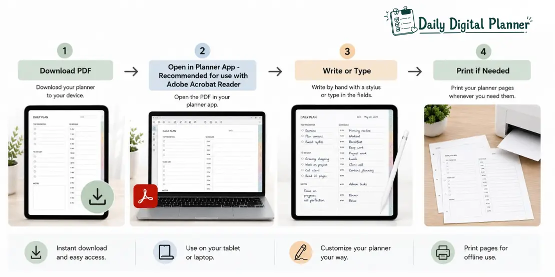Download, use, and print workflow for a digital planner PDF.