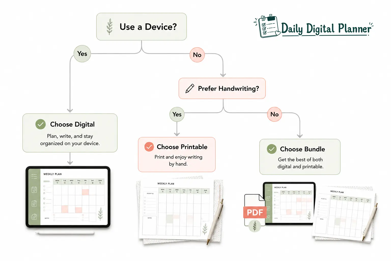 A decision tree helping users choose a digital planner, printable planner, or PDF planner bundle.