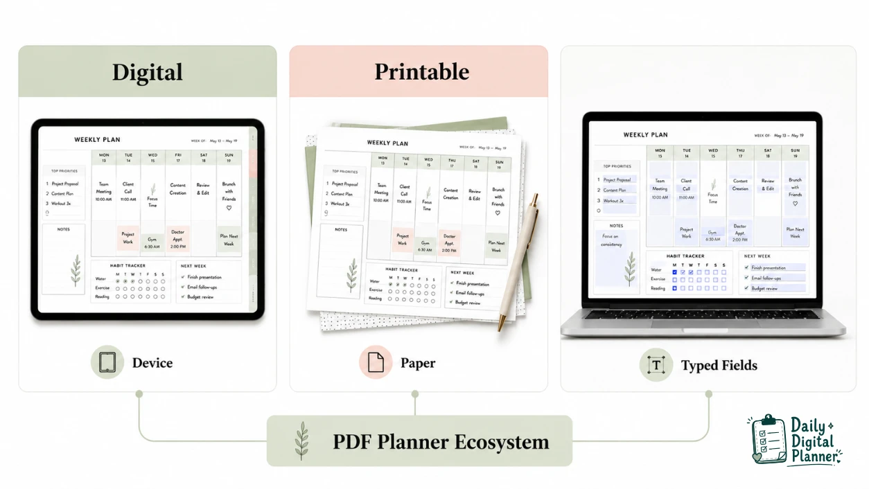 Digital planner, printable planner, and fillable PDF planner formats compared side by side.