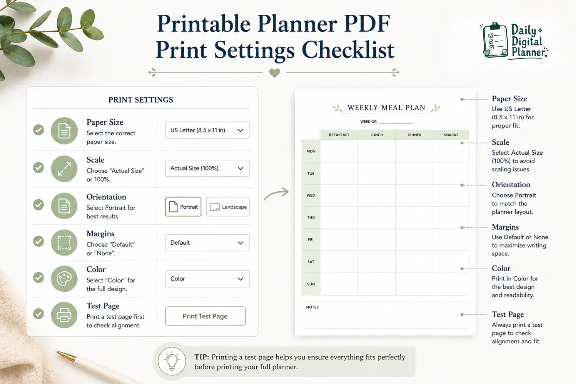 Checklist showing paper size, scale, orientation, margins, color, and test page for printing planner PDFs.