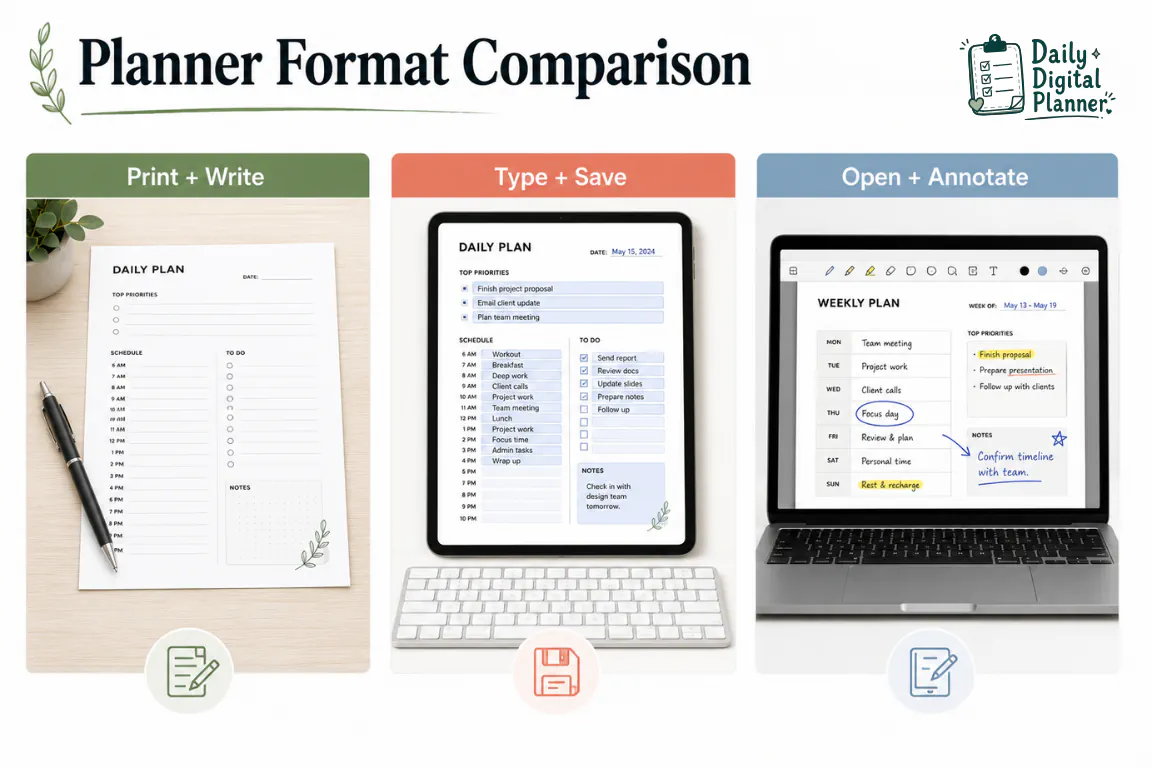 Printable planner, fillable PDF planner, and digital planner workflows compared side by side.