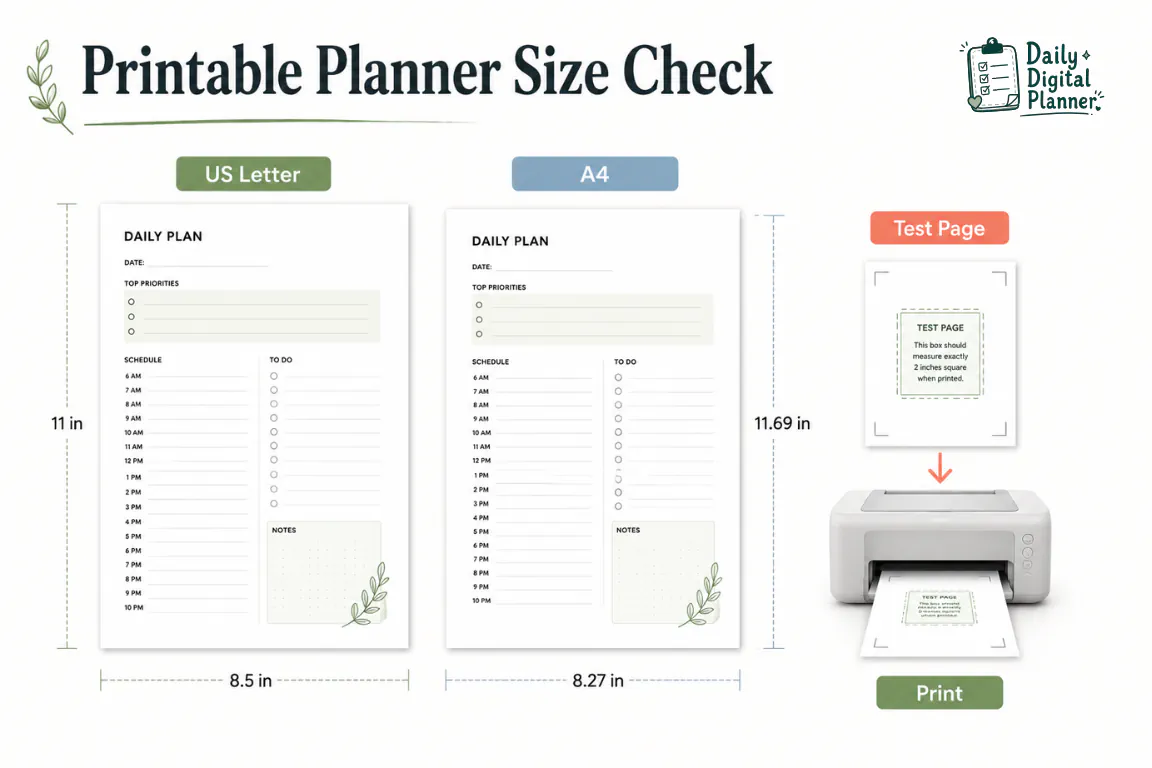 Printable planner PDF pages shown in US Letter and A4 page sizes.