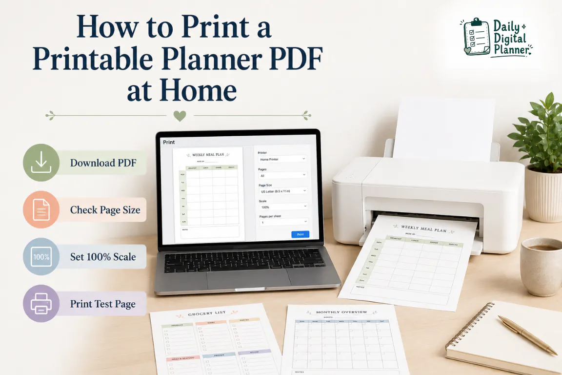 Printable planner PDF pages beside a home printer with page size, scale, and test print labels.