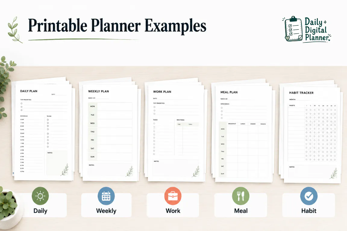 Printable planner product examples for daily, weekly, work, meal, and habit planning.